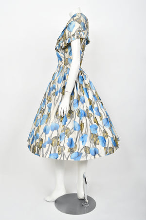 1956 Christian Dior Couture Blue Floral Silk Portrait Collar New Look Dress