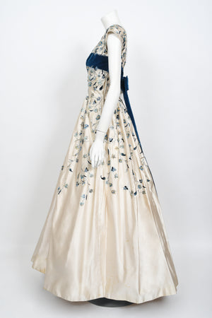 1956 Jacques Griffe Haute Couture Documented Embroidered Beaded Ivory Satin Gown