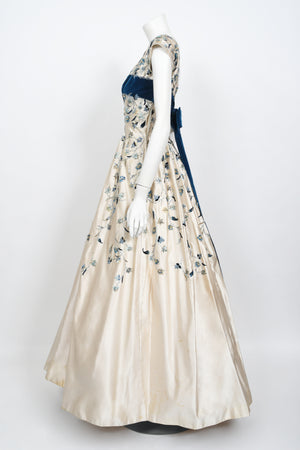 1956 Jacques Griffe Haute Couture Documented Embroidered Beaded Ivory Satin Gown