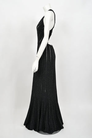2012 Azzedine Alaia Black Metallic Knit Bodycon Sheer Cutwork Fishtail Gown