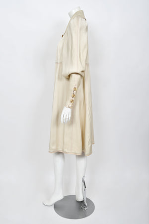 1973 Bill Gibb Couture Embroidered Ivory Satin Mutton-Sleeve Jacket & Vest