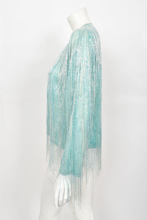 1970's Halston Couture Ice Blue Beaded Silk Fringe Disco Cardigan Jacket