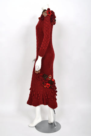 2005 Alexander McQueen Runway Burgundy Wool Knit Hourglass Sweater Dress