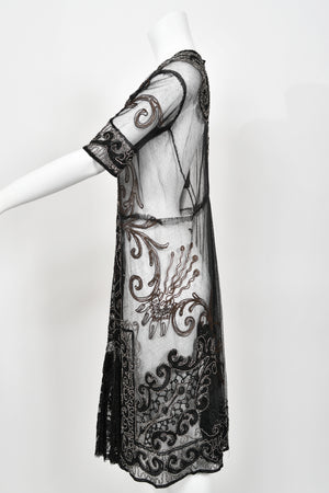 1920's Embroidered Black Sheer Mixed-Lace Beaded Art Deco Motif Dress