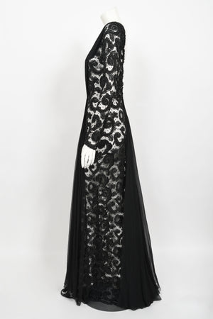 1998 Hanae Mori Haute Couture Beaded Sheer Lace & Chiffon Hourglass Gown