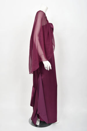 2000 Christian Dior by John Galliano Purple Silk Sheer-Sleeve Asymmetric Draped Gown