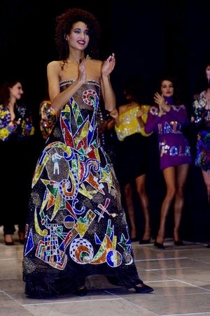 1989 Gianni Versace Haute Couture Beaded Circus Novelty Strapless Gown and Shawl