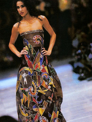 1989 Gianni Versace Haute Couture Runway Beaded Circus Art Bustier Strapless Gown and Shawl