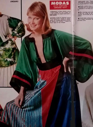 1977 Ungaro Haute Couture Runway Colorful Silk Kimono-Sleeve Tunic Blouse & Skirt Ensemble