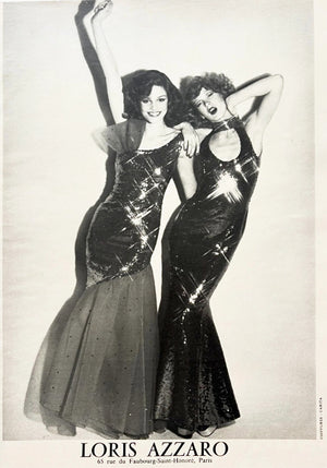 1978 Loris Azzaro Couture Black Sequin Strapless Tiered-Ruffle Gown & Sheer Capelet