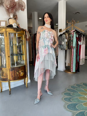 2013 Chanel by Karl Lagerfeld Pastel Floral Silk & Sheer Tulle Strapless Dress