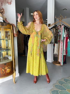 1971 Ossie Clark for Quorum Celia Birtwell Yellow Print Sheer Silk Chiffon Cut-Out Dress