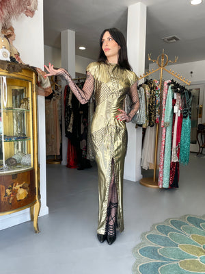 1985 Thierry Mugler Couture Metallic Gold Lamé & Fishnet High-Slit Gown