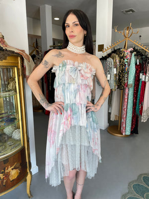 2013 Chanel by Karl Lagerfeld Pastel Floral Silk & Sheer Tulle Strapless Dress