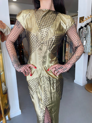 1985 Thierry Mugler Couture Metallic Gold Lamé & Fishnet High-Slit Gown