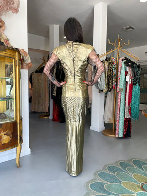 1985 Thierry Mugler Couture Metallic Gold Lamé & Fishnet High-Slit Gown