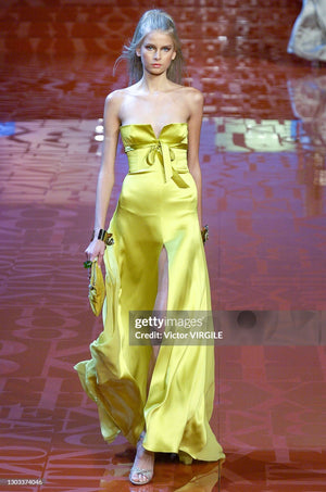 2005 Valentino Runway Chartreuse Yellow Silk Shelf-Bust Bustier High Slit Gown