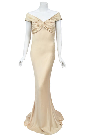 2007 John Galliano Champagne Silk Satin Off-Shoulder Bustier Bias-Cut Gown w/Tags