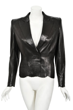 1997 Alexander Mcqueen for Givenchy Runway Black Leather Cutwork Blazer Jacket