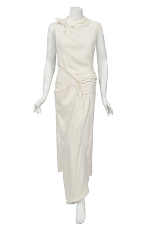 2000 Christian Dior by John Galliano Ivory Crepe Cut-Out Asymmetric Draped Dress