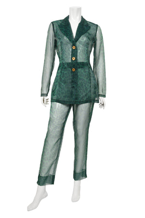 1997 Rifat Ozbek Sheer Green Leopard Print Blazer & Trousers Pantsuit