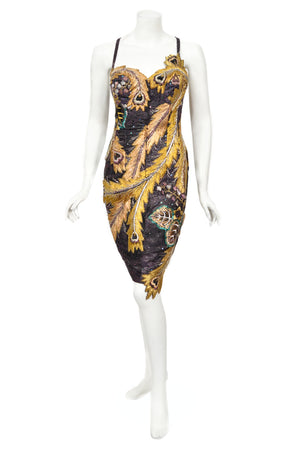 1970's Embroidered Peacock Motif Beaded Silk Couture Dance Dress