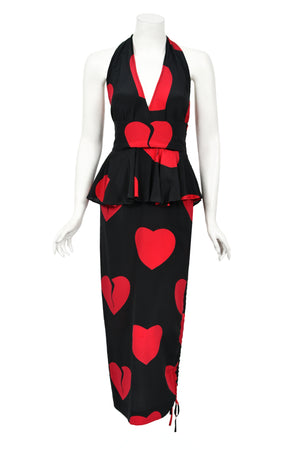 1994 Moschino Couture Documented 'Heartbreaker' Novelty Print Silk Convertible Dress