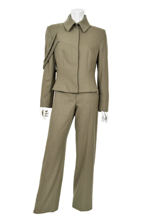 2001 Alexander McQueen Documented Runway Moss-Green Wool Braided Jacket Pantsuit