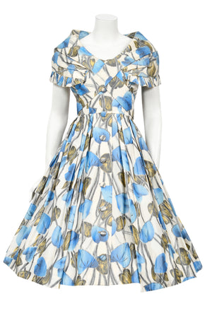 1956 Christian Dior Couture Blue Floral Silk Portrait Collar New Look Dress