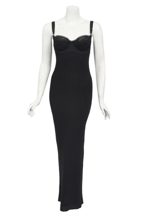 1997 Dolce & Gabbana Black Stretch Silk Knit Hourglass Built-In Bra Gown