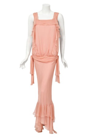 2008 John Galliano Pale Pink Semi-Sheer Silk Draped Ruffle Bias-Cut Gown