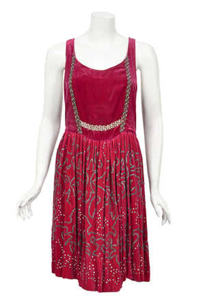 1920's Magenta Pink Beaded & Rhinestone Velvet Back Cut-Out Flapper Dress