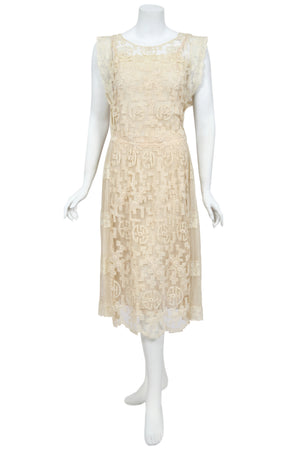 1920's French Cream Heavily Embroidered Deco Motif Filet Lace & Sheer Net Tea-Length Dress