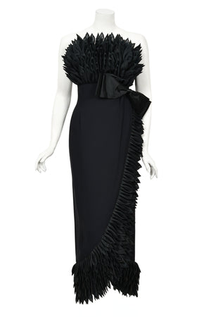 1959 Hall Ludlow Couture Museum-Held Black Silk Appliquéd Petals Hourglass Gown