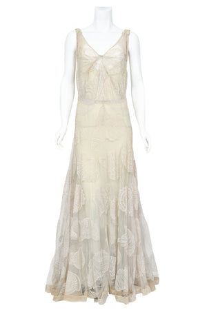 1932 Worth Couture for Elizabeth Arden Sequin Ivory Seashell Motif Lace Gown