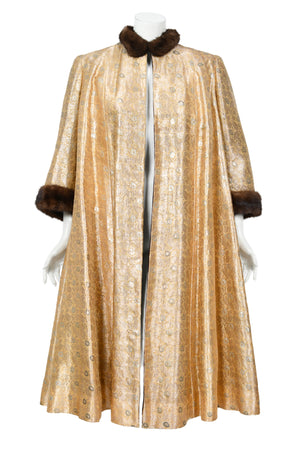 1949 Traina-Norell Couture Vogue Documented Metallic Gold Silk & Mink Swing Coat