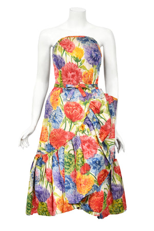 1958 Arnold Scaasi Couture Colorful Floral Silk Strapless Dress & Swing Jacket