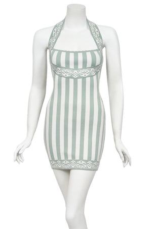 1992 Azzedine Alaia Runway Mint & Ivory Striped Stretch Knit Halter Bodycon Mini Dress