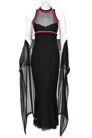 1994 Chanel by Karl Lagerfeld Black Sheer Silk Chiffon Pink Cashmere Trimmed Maxi Dress w/ Shawl