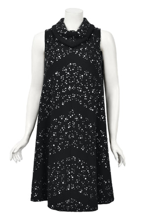 1960's Pauline Trigère Rhinestone Studded Black Wool Mod Trapeze Dress
