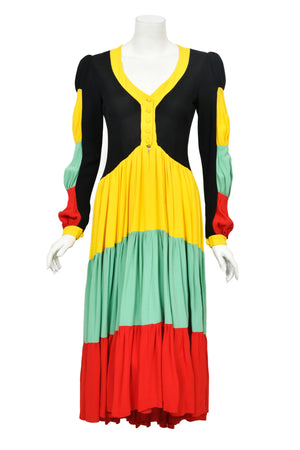 1970 Ossie Clark Vogue Documented Traffic-Light Block Color Crepe Dress