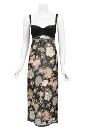 1997 Dolce & Gabbana Sheer Floral Chiffon & Lace Built-In Bra Slip Dress