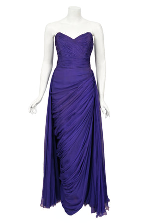 1950's Gigliola Curiel Couture Pleated Purple Silk Chiffon Strapless Goddess Gown