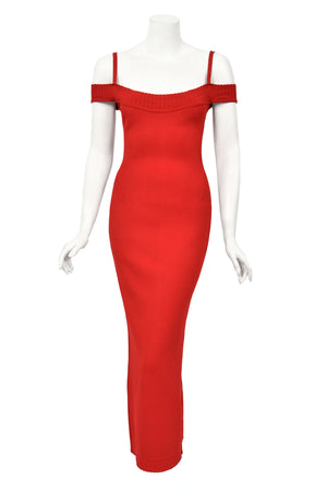 1992 Azzedine Alaia Documented Red Stretch Knit Cold-Shoulder Bodycon Maxi Dress