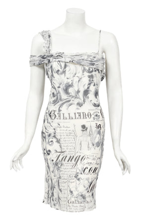 2006 John Galliano Documented Newspaper Print Silk Chiffon Bias-Cut Slip Dress