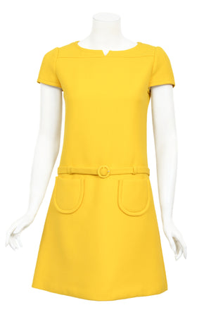1968 André Courrèges Couture Yellow Wool Belted Space-Age Mod Dress