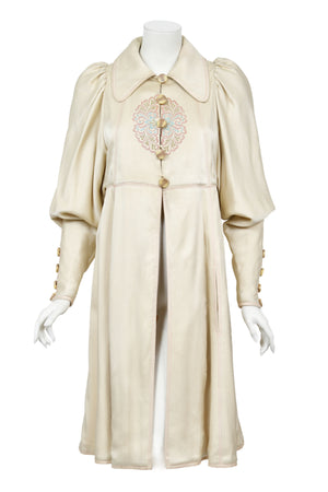 1973 Bill Gibb Couture Embroidered Ivory Satin Mutton-Sleeve Jacket & Vest