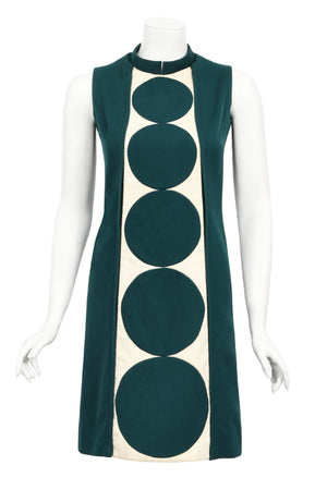 1966 Jacques Esterel Haute Couture Documented Teal Green Op-Art Mod Dress