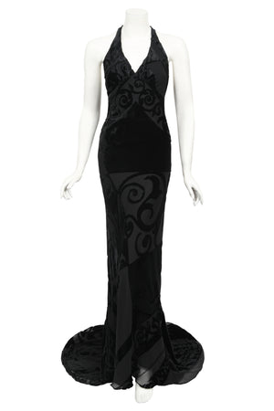 1997 Galindo Couture Black Devoré Velvet Bias-Cut Halter Trained Gown