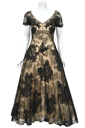 1950’s Hattie Carnegie Couture Large-Scale Black Floral Chenille Lace Full Skirted High-Low Gown